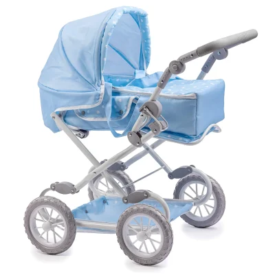Berenguer Boutique Deluxe Foldable Baby Doll Stroller with Canopy Removable Carry Basket Blue