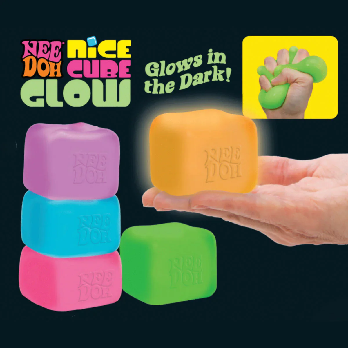 NeeDoh Nice Cube Glow Super Solid Squish Glow in the Dark Fidget Toy - Image 2